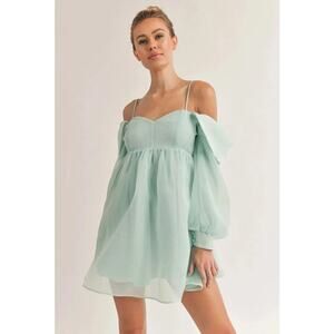 Off The Shoulder Mini Dress in Mint Organza